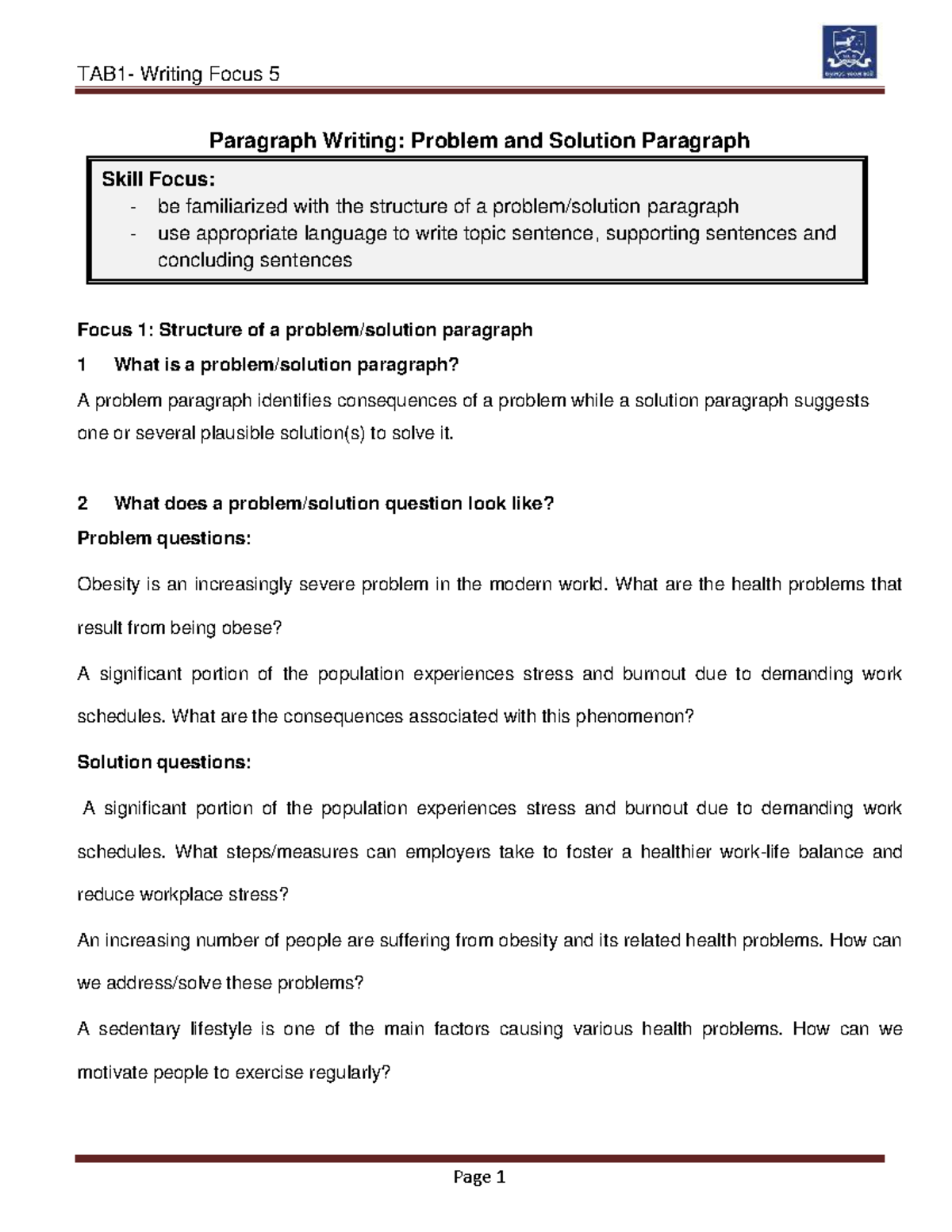 Writing Focus: 5 Paragraph Structure for Problem & Solution (WFS) - Studocu