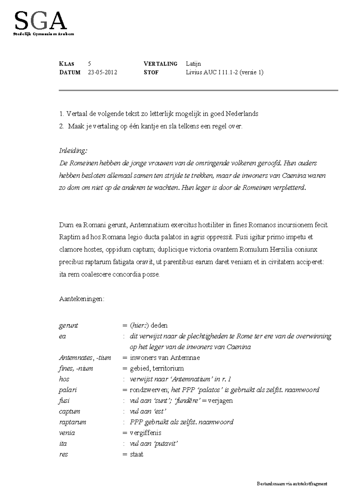 Livius AUC I Vertaling en Aantekeningen - SGA K LAS D ATUM 5 V ...