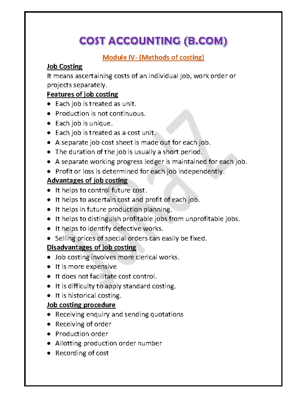 Cost Accounting Methods: Job Costing & Process Costing - B.Com - Studocu