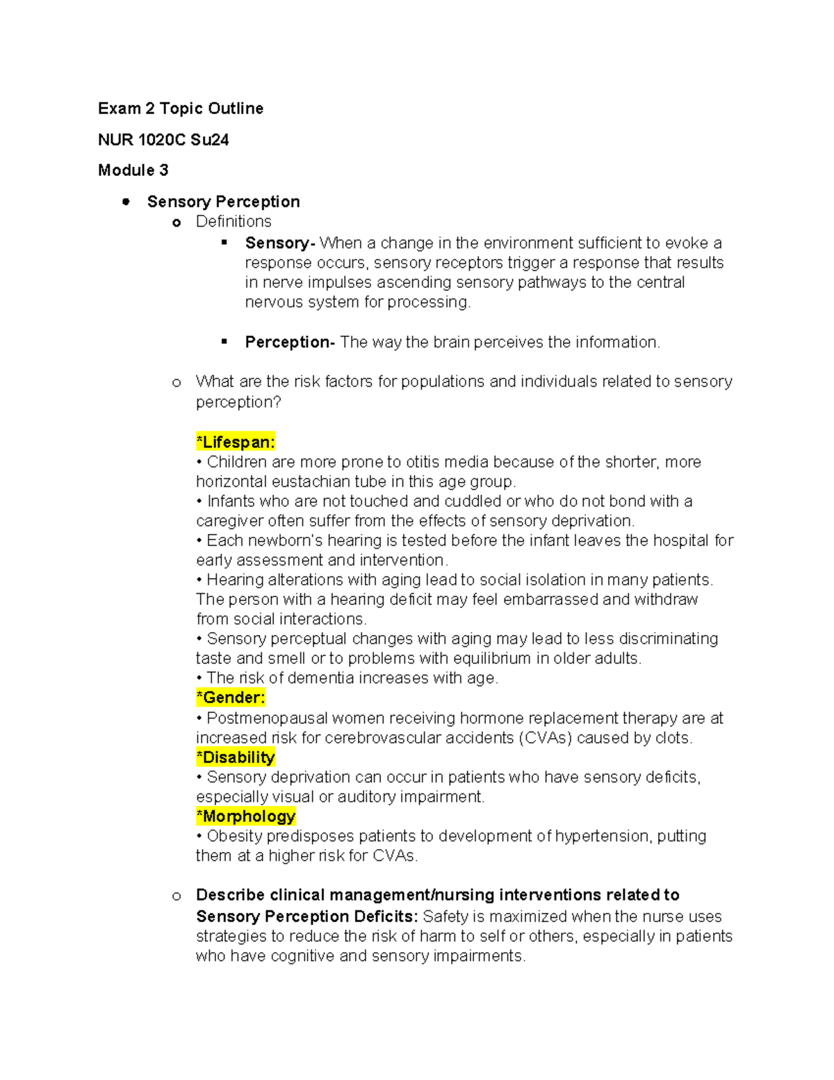Exam 2 Topic Outline - Exam 2 Topic Outline NUR 1020C Su Module 3 ...