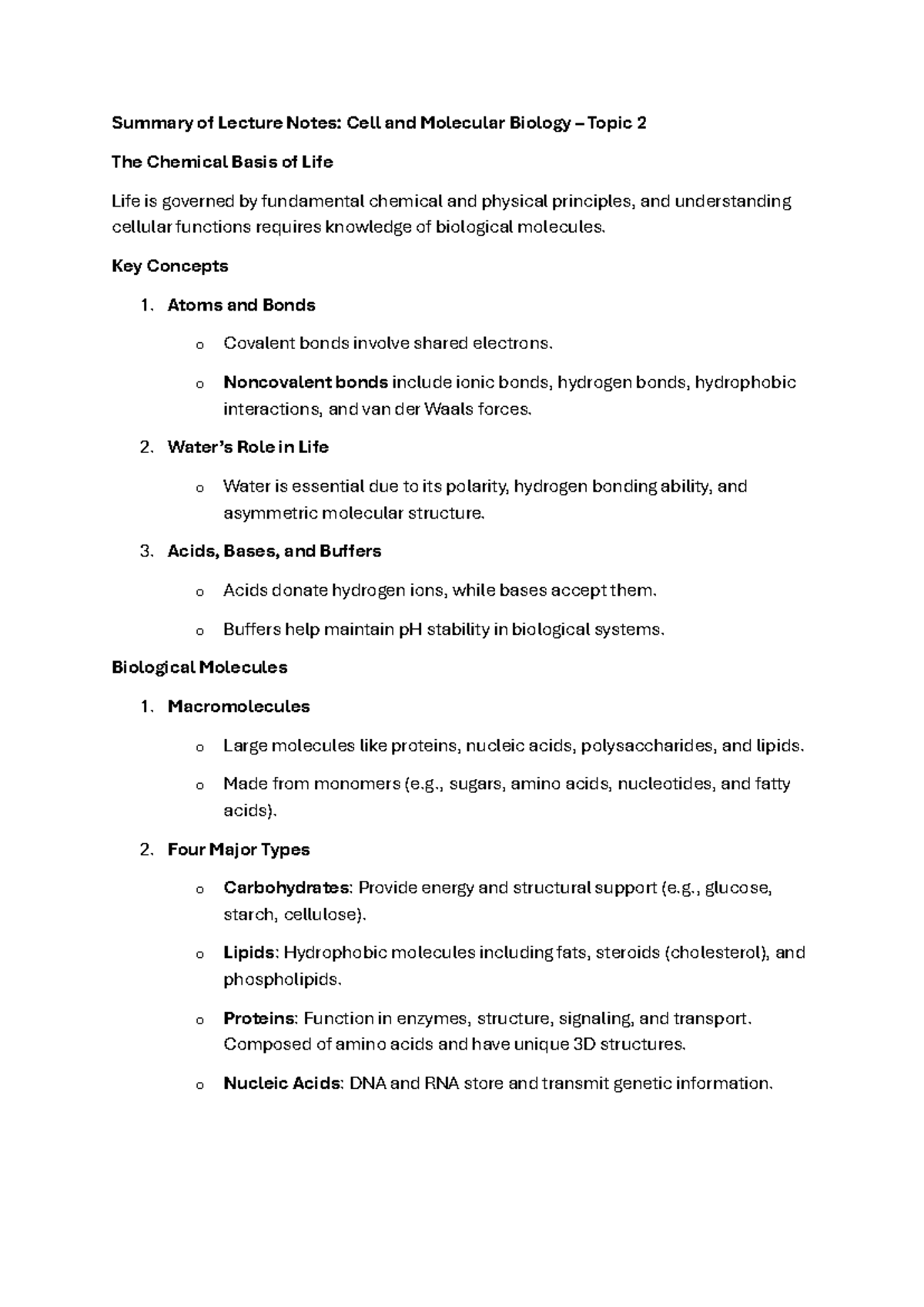 Cell and Molecular Biology Lecture Notes: Chemical Basis of Life - Studocu