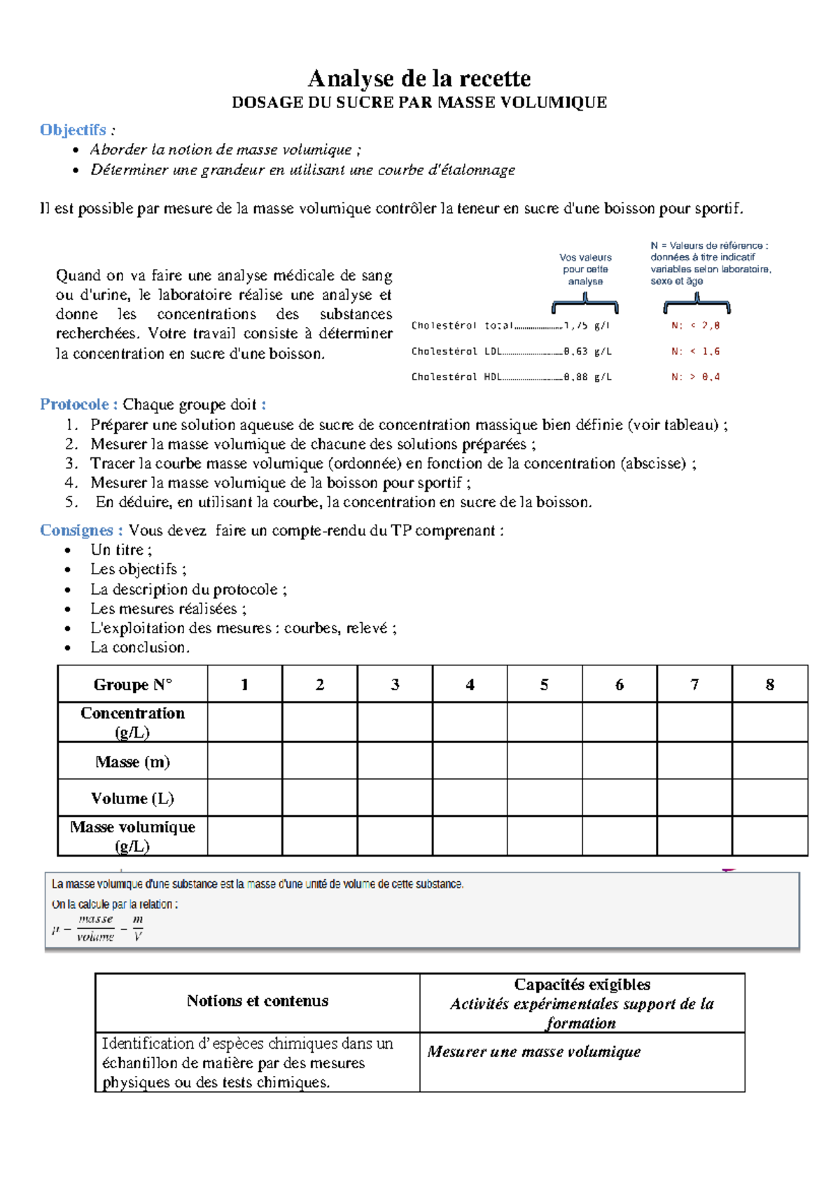 TP Analyse de la Masse Volumique pour Dosage du Sucre Studocu — free download