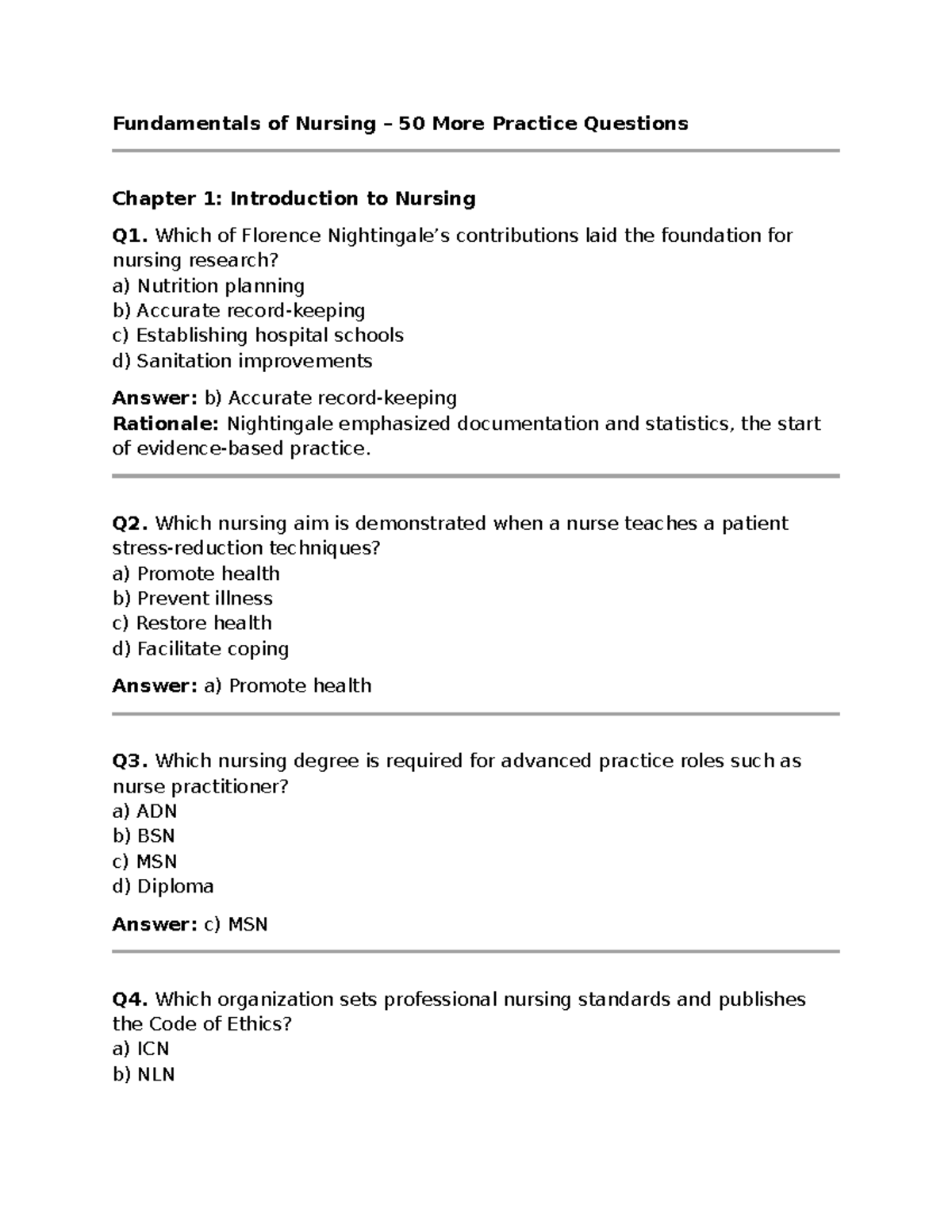 Nursing Fundamentals Exam 1: Practice Questions & Notes - Studocu