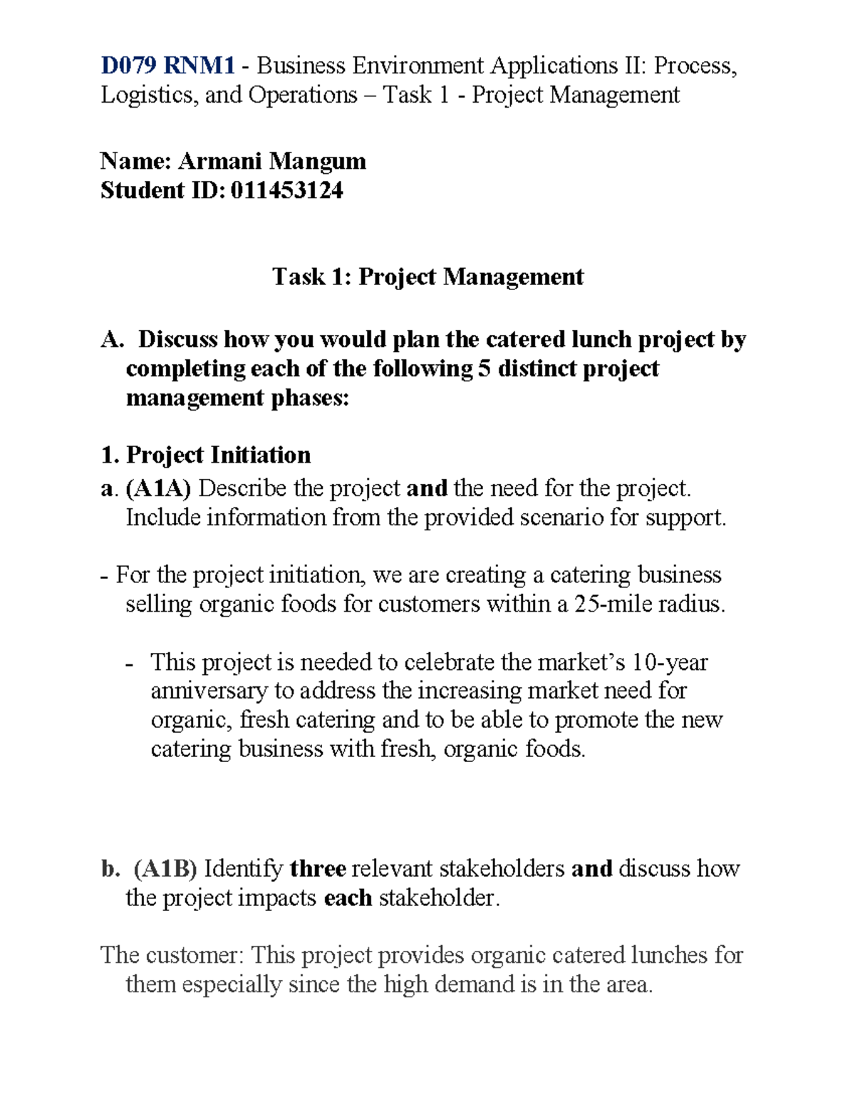 D079 RNM1 Project Management: Catering Business Plan & Execution - Studocu