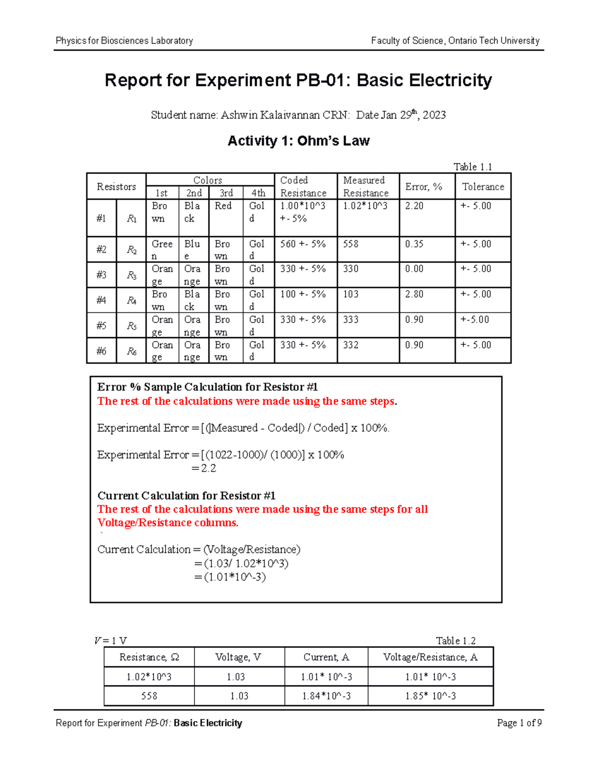 Report Basic Electricity - Report for Experiment PB-01: Basic ...