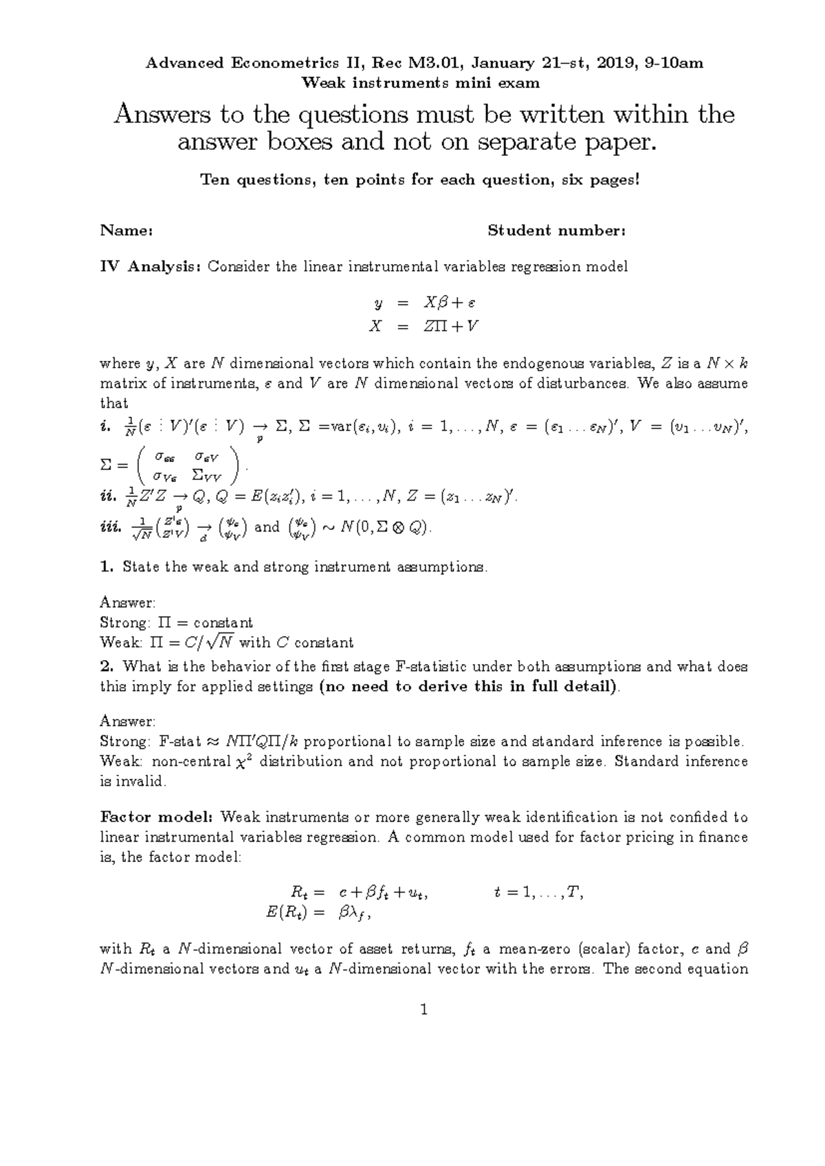 Advanced Econometrics II Midterm Exam Key, Jan 2019 - Studeersnel