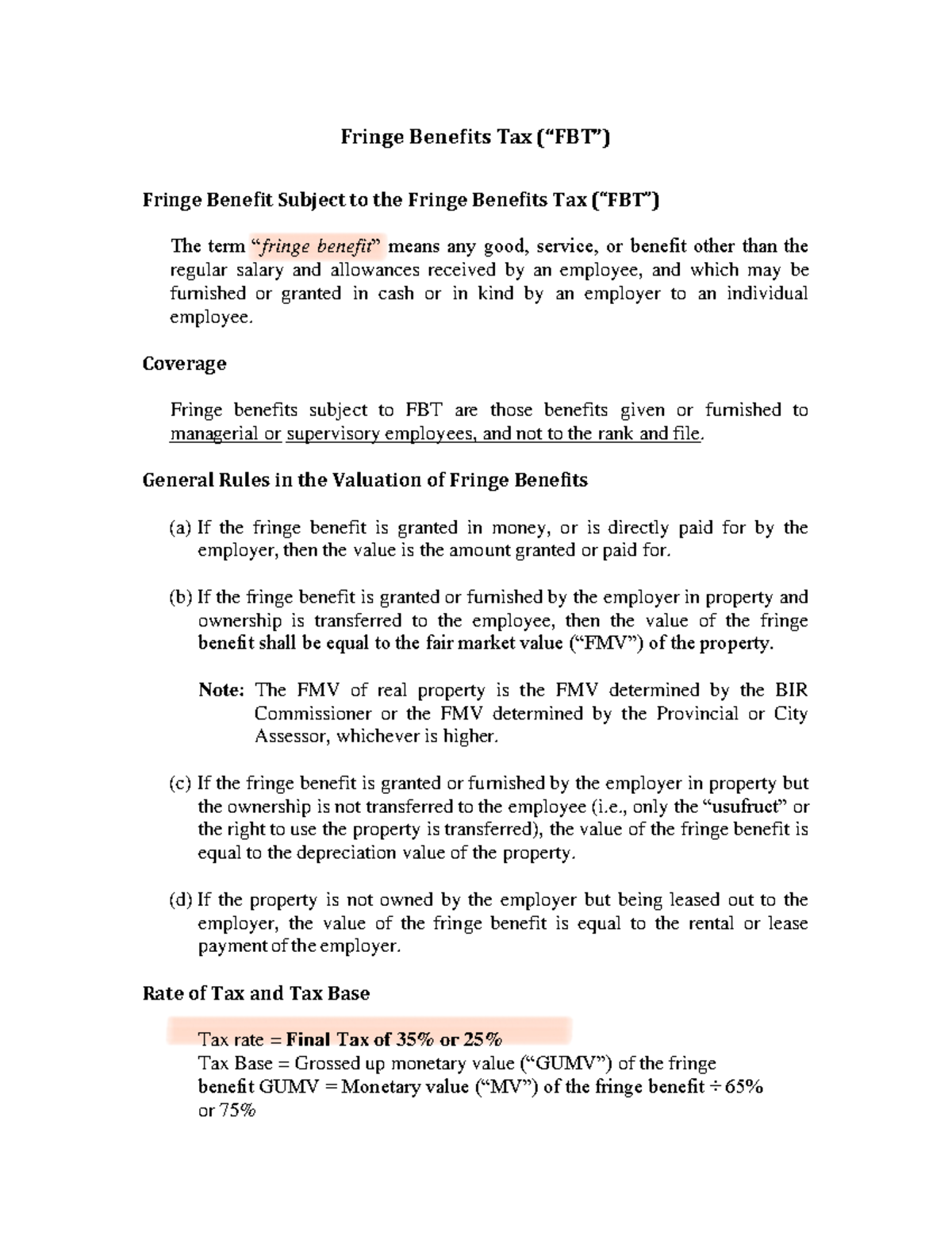 Fringe Benefits Tax (FBT) Overview and Key Valuation Rules - Studocu