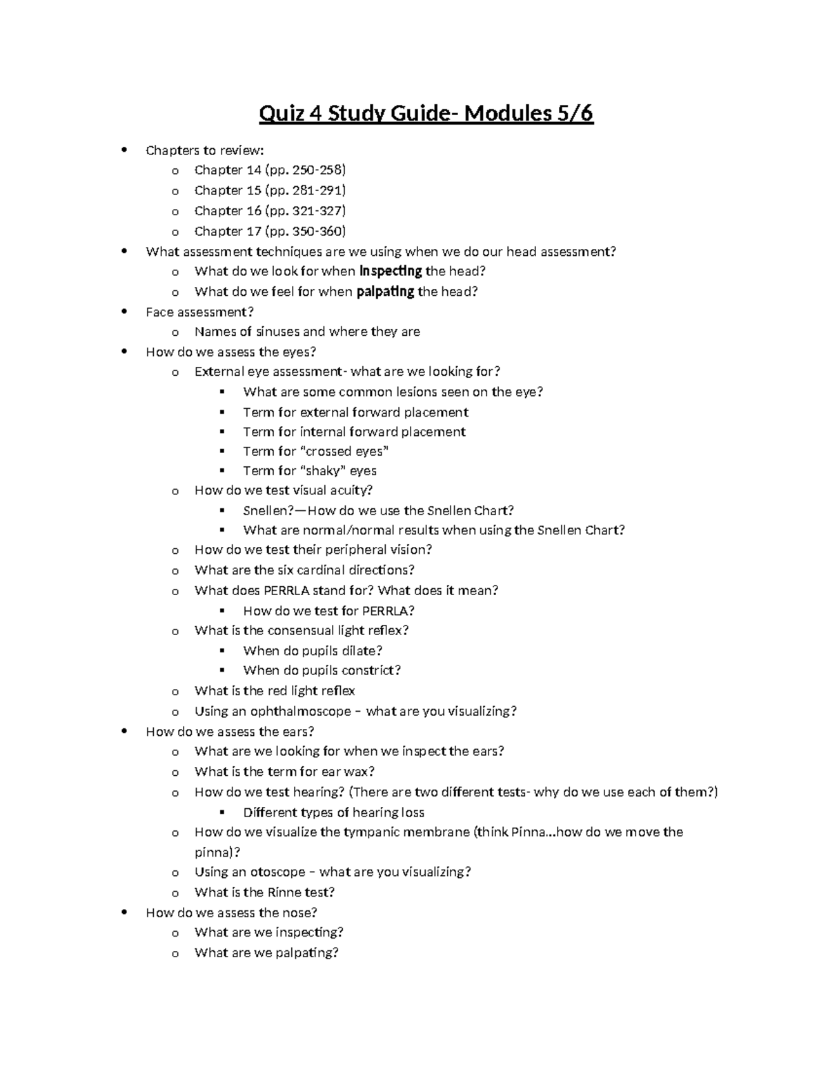 Quiz Study Guide for Modules 4 & 5: Head and Facial Assessments - Studocu