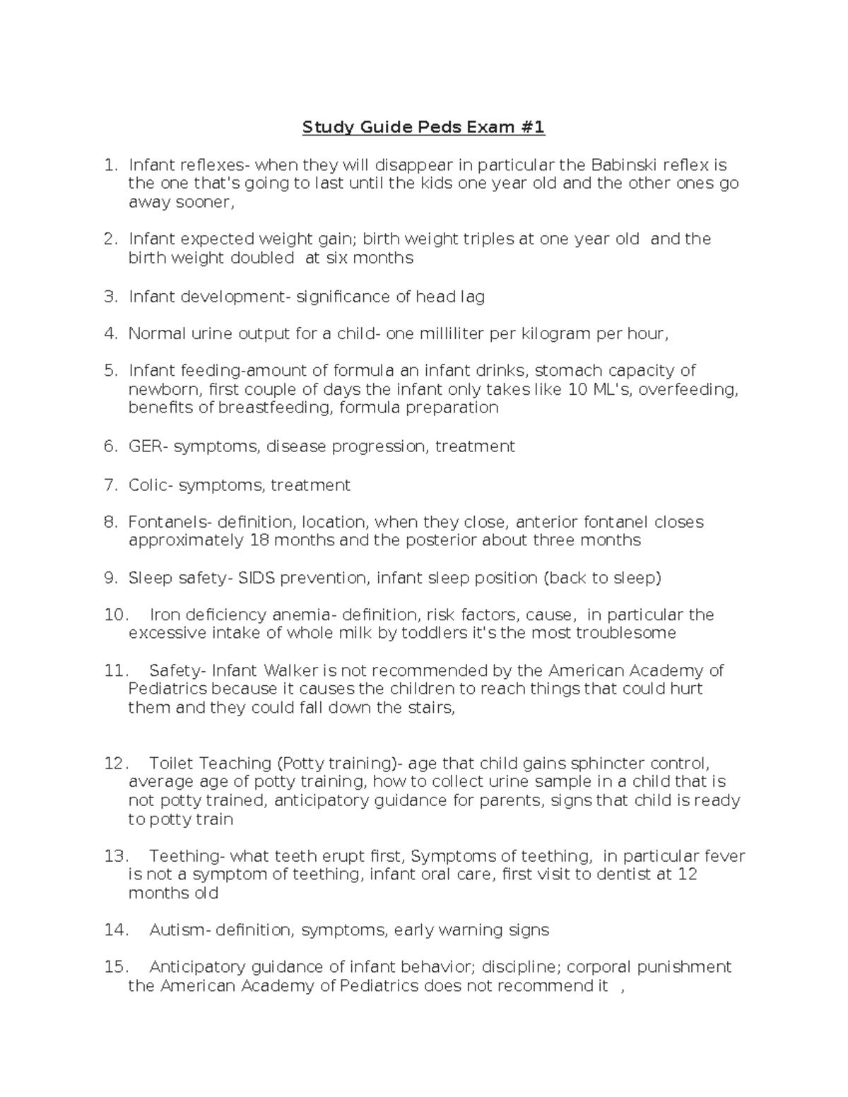 PEDS 101: Study Guide for Exam #1 on Infant Development & Health - Studocu