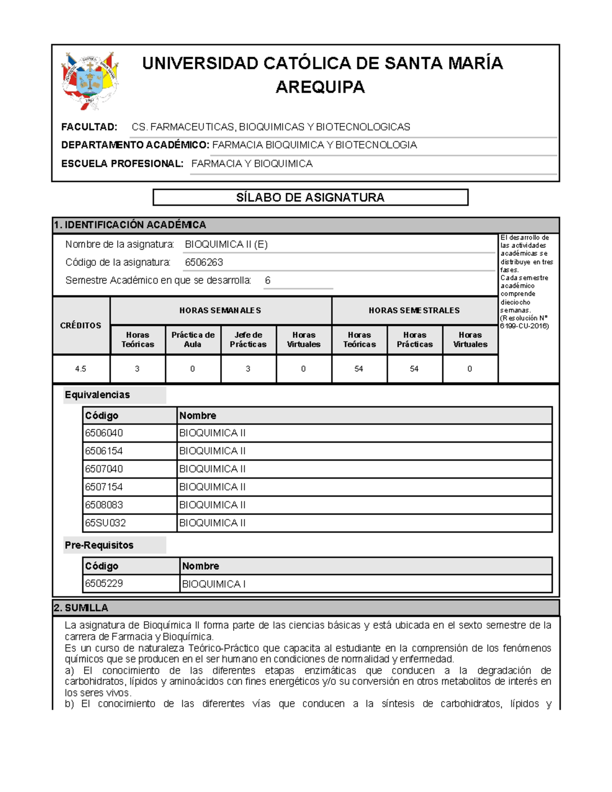 Sílabo Bioquímica II 6506263 - Plan Académico 2016 y Contenidos - Document Preview
