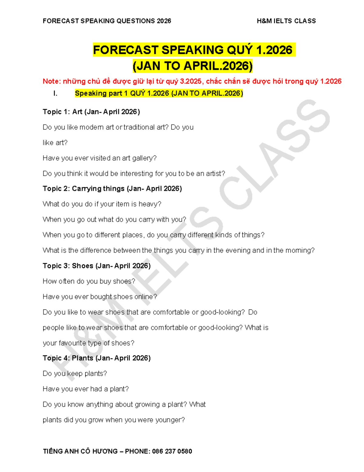 FORECAST SPEAKING QUESTIONS 2026 IELTS CLASS QUÝ 1 (JAN-APRIL) - Studocu