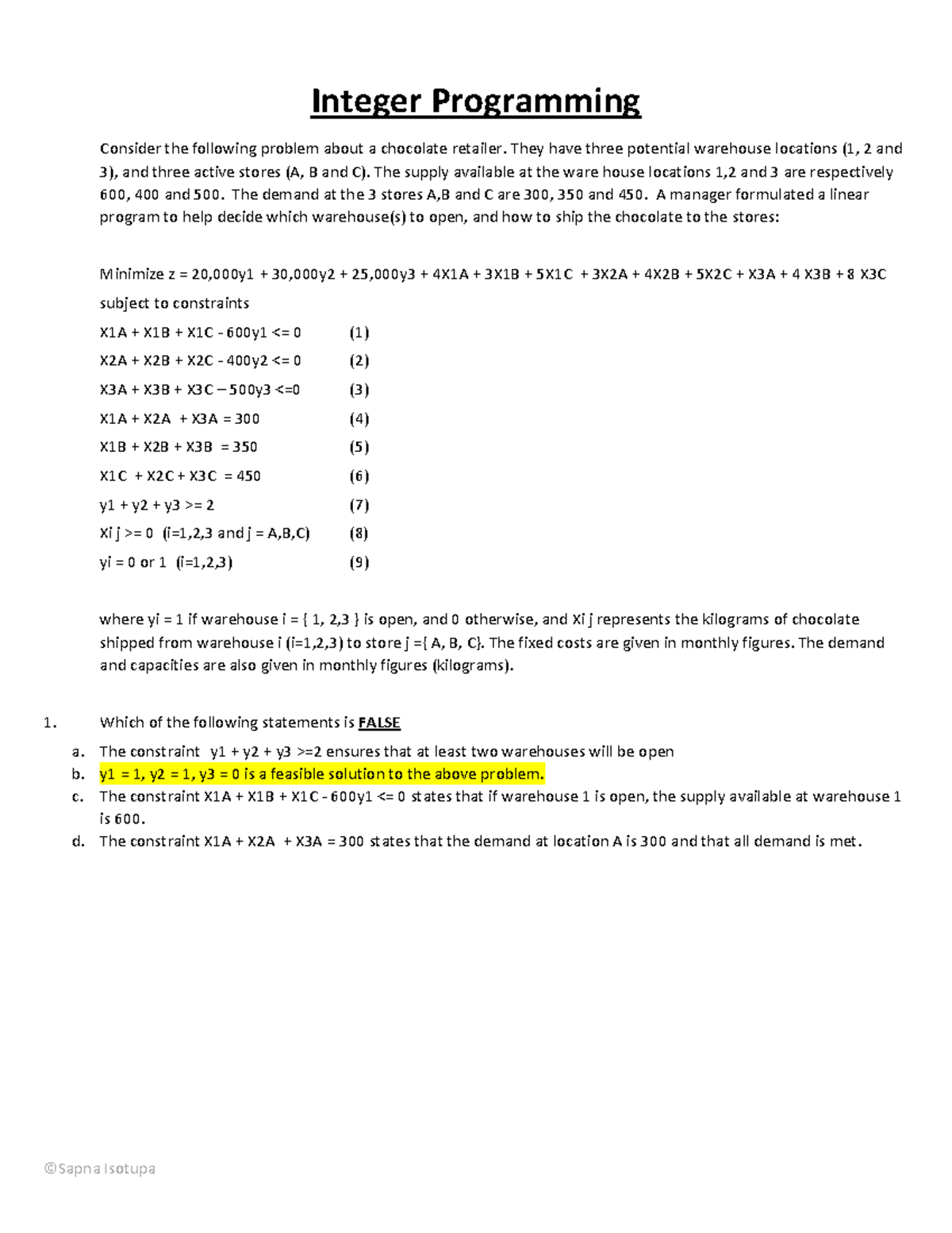 Integer Programming - Practice Problems and Solutions - Studocu