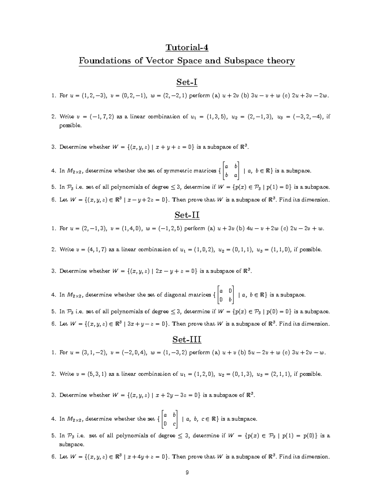 Foundations of Vector Space & Subspace Theory - Tutorial 4 - Studocu