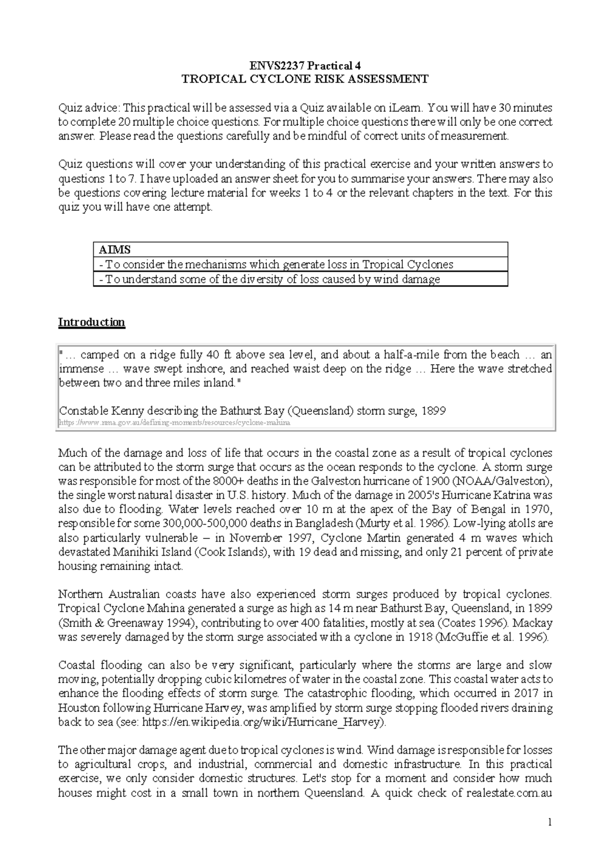 P4 Tropical Cyclones - ENVS2237 Practical 4 TROPICAL CYCLONE RISK ...