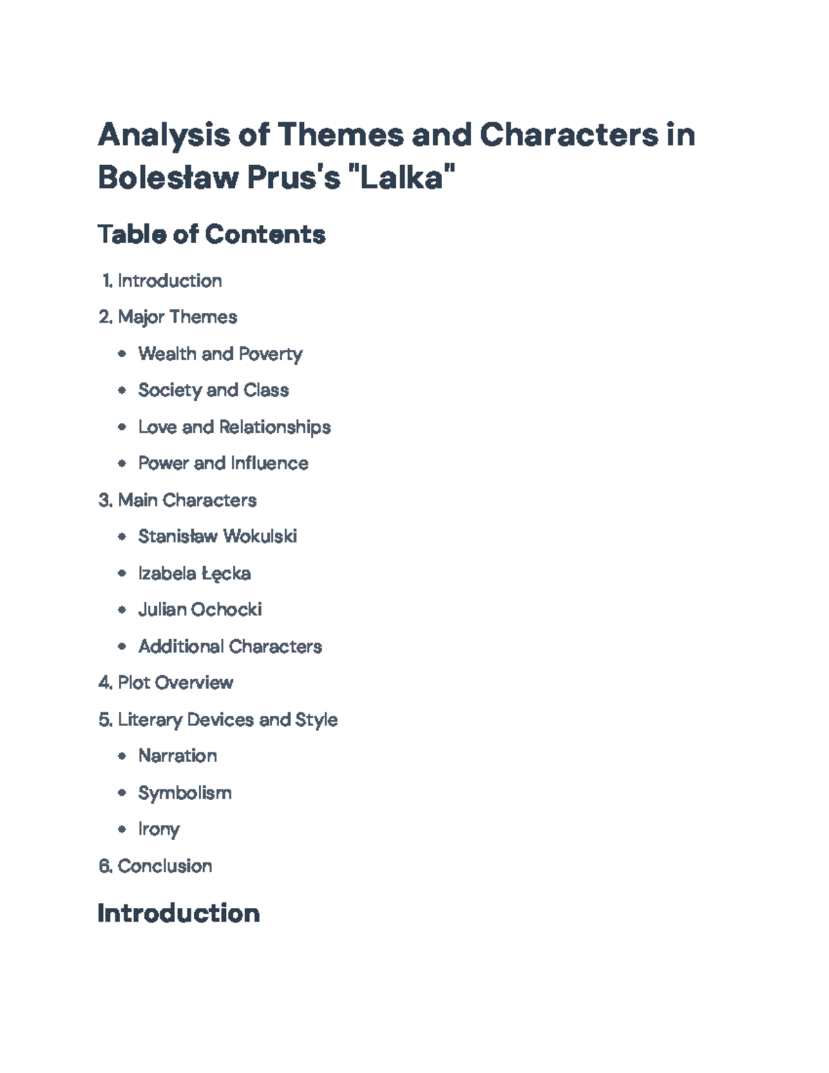 Analysis of Themes and Characters in Bolesław Prus's "Lalka" (ENG 101 ...