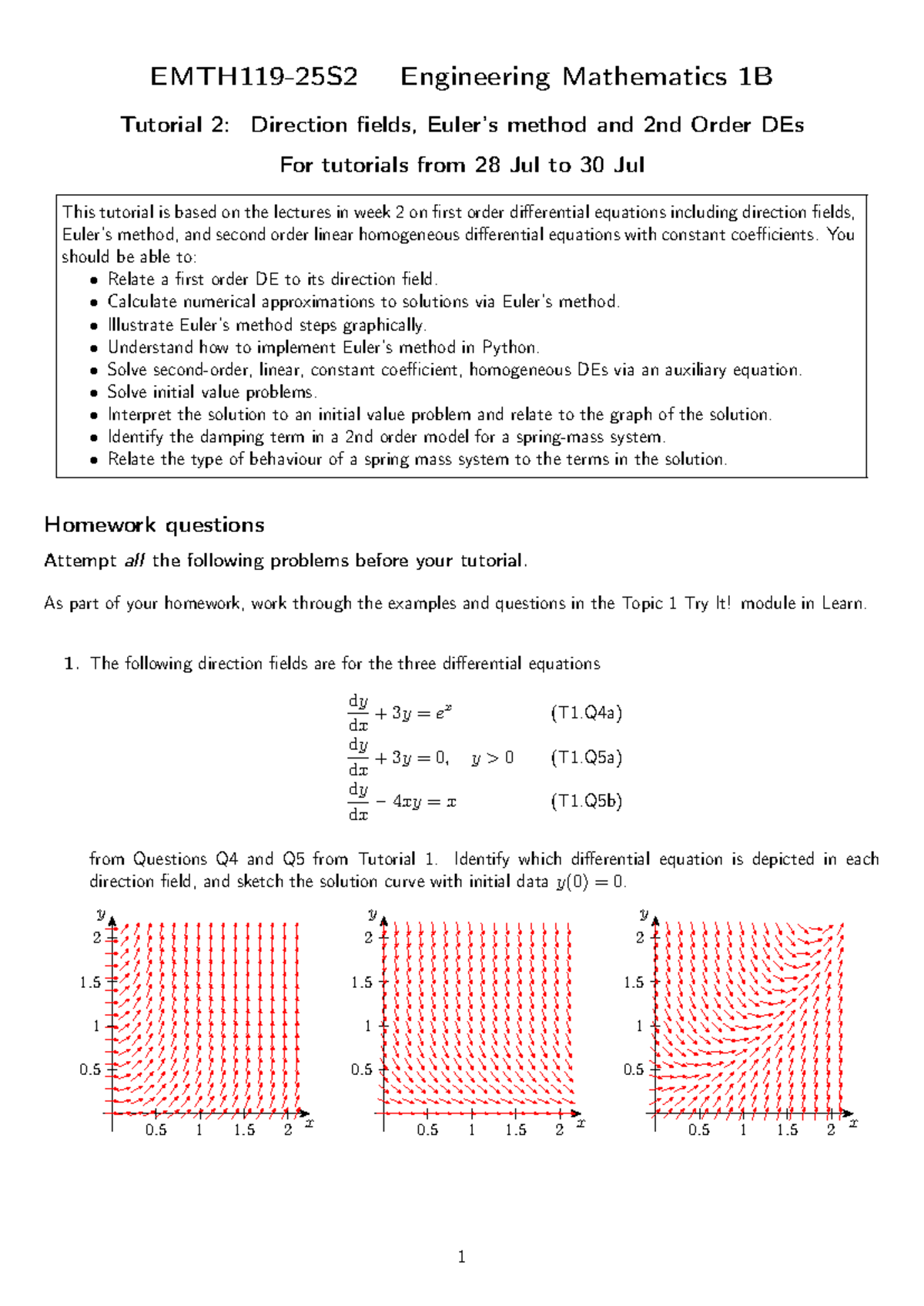 EMTH119-25S2 Tutorial 02: Direction Fields & 2nd Order DEs - Studocu