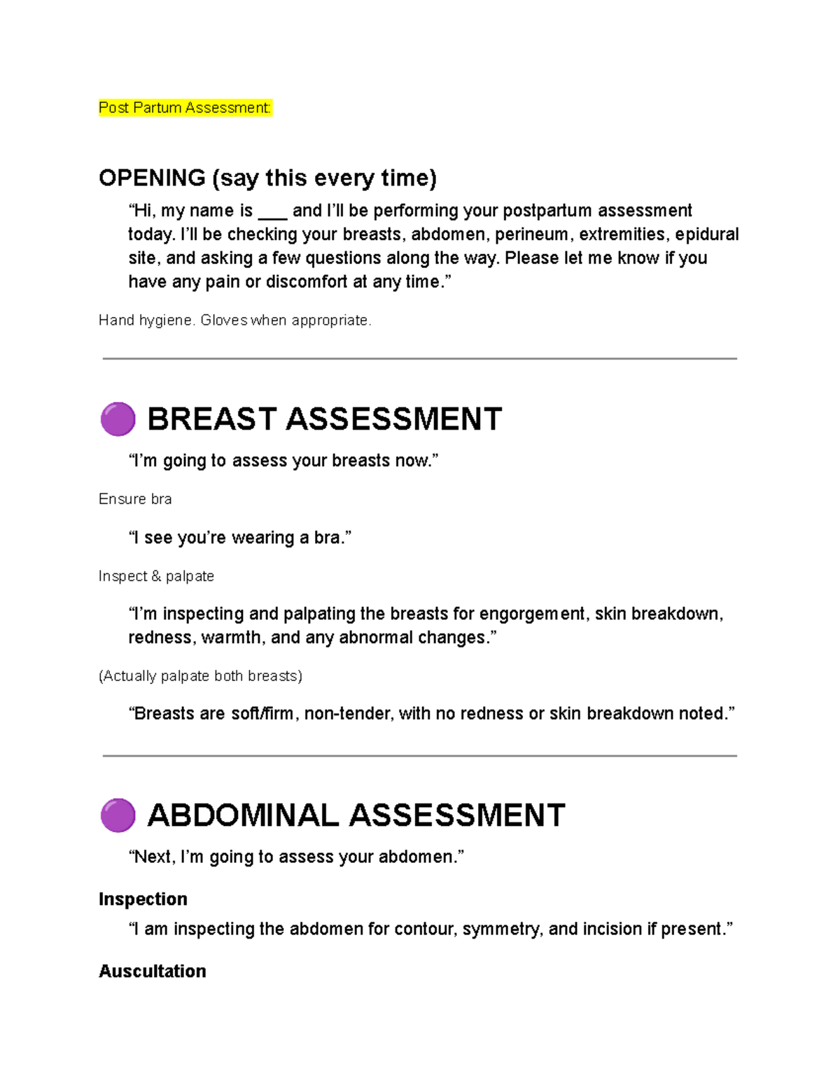 Postpartum Assessment Guidelines: 3500 CPE Practice Script - Studocu