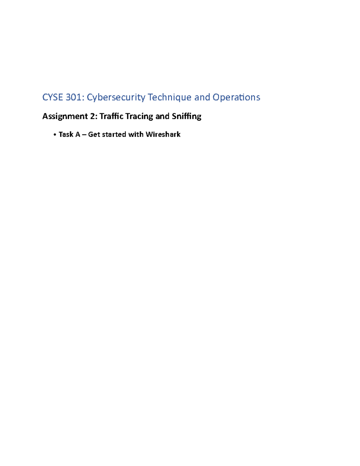 CYSE 301: Assignment 2 - Traffic Tracing with Wireshark Analysis - Studocu