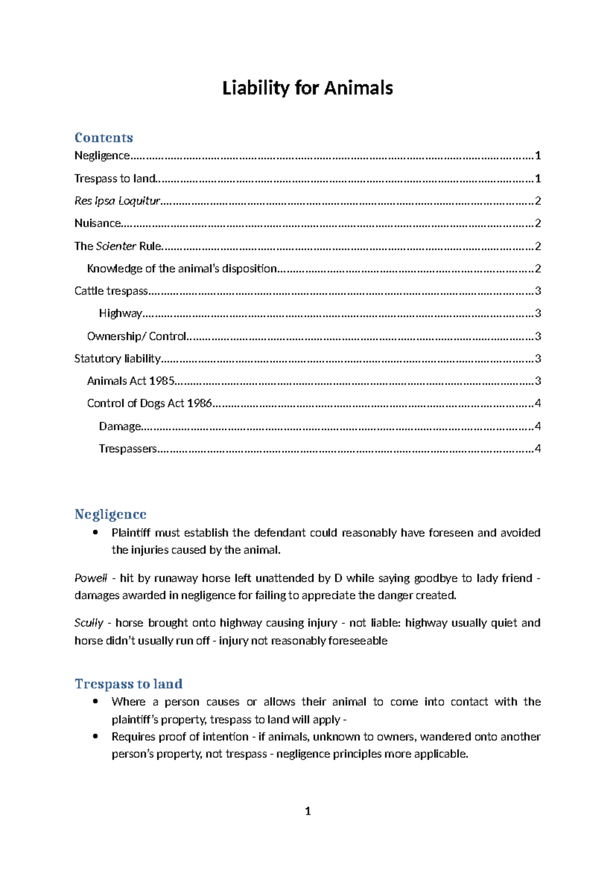 Liability for Animals - Overview (Law 101) - Studocu