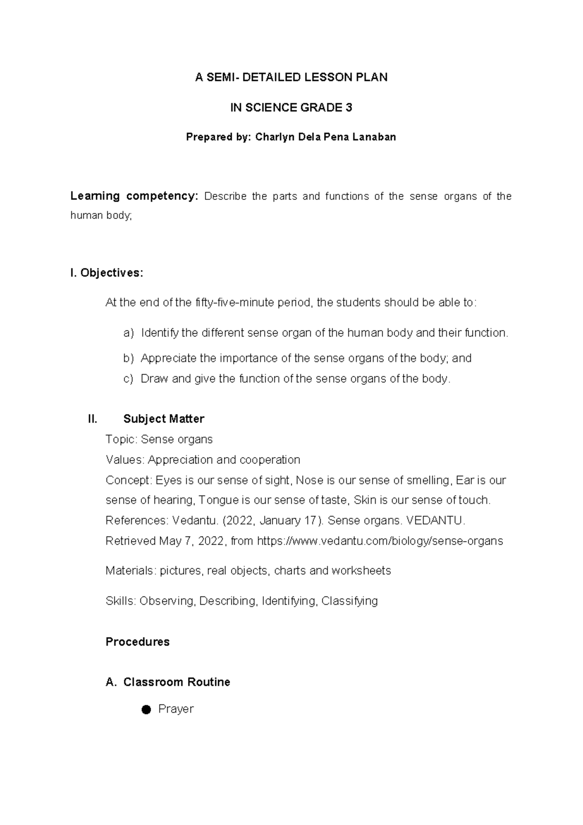 Grade 3 Science Lesson Plan on Sense Organs - SEMI DETAILED - Studocu