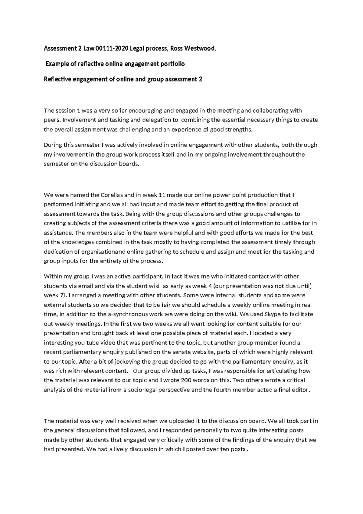 Assessment 2 Reflective Engagement Portfolio - Law 00111-2020 - Studocu