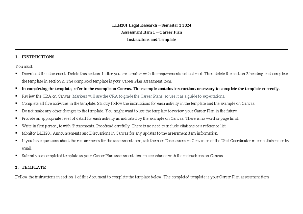LLH201 - Assessment Item 1 - Career Plan: Guide & Template Instructions ...