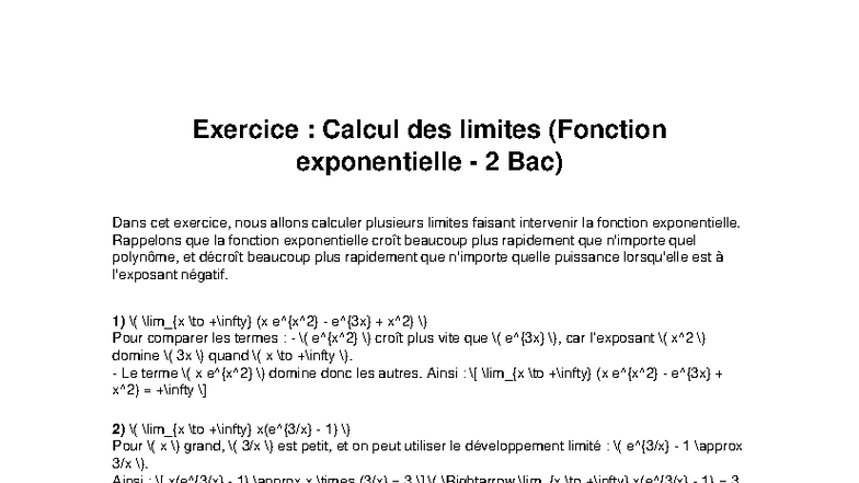 Limites de la Fonction Exponentielle - Exercice 2BAC - Studocu