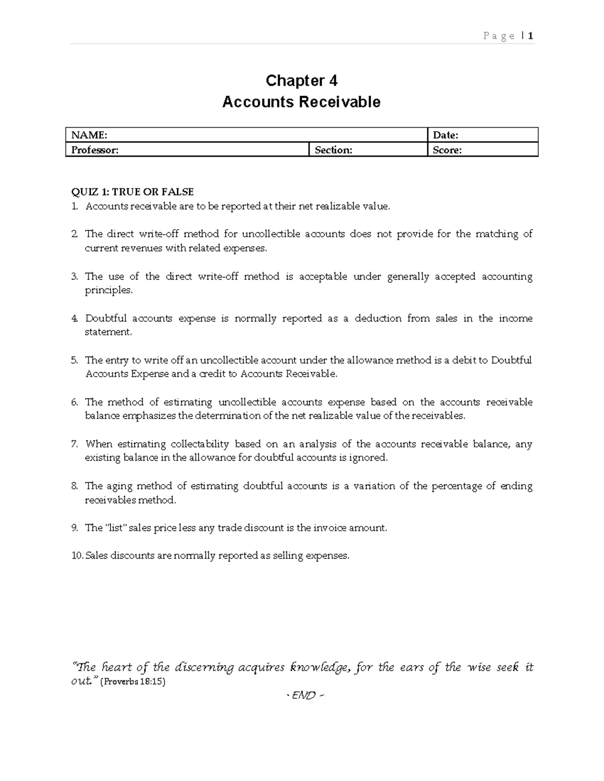Quiz on Accounts Receivable - ACC 101 - Chapter 4 Insights and Answers ...