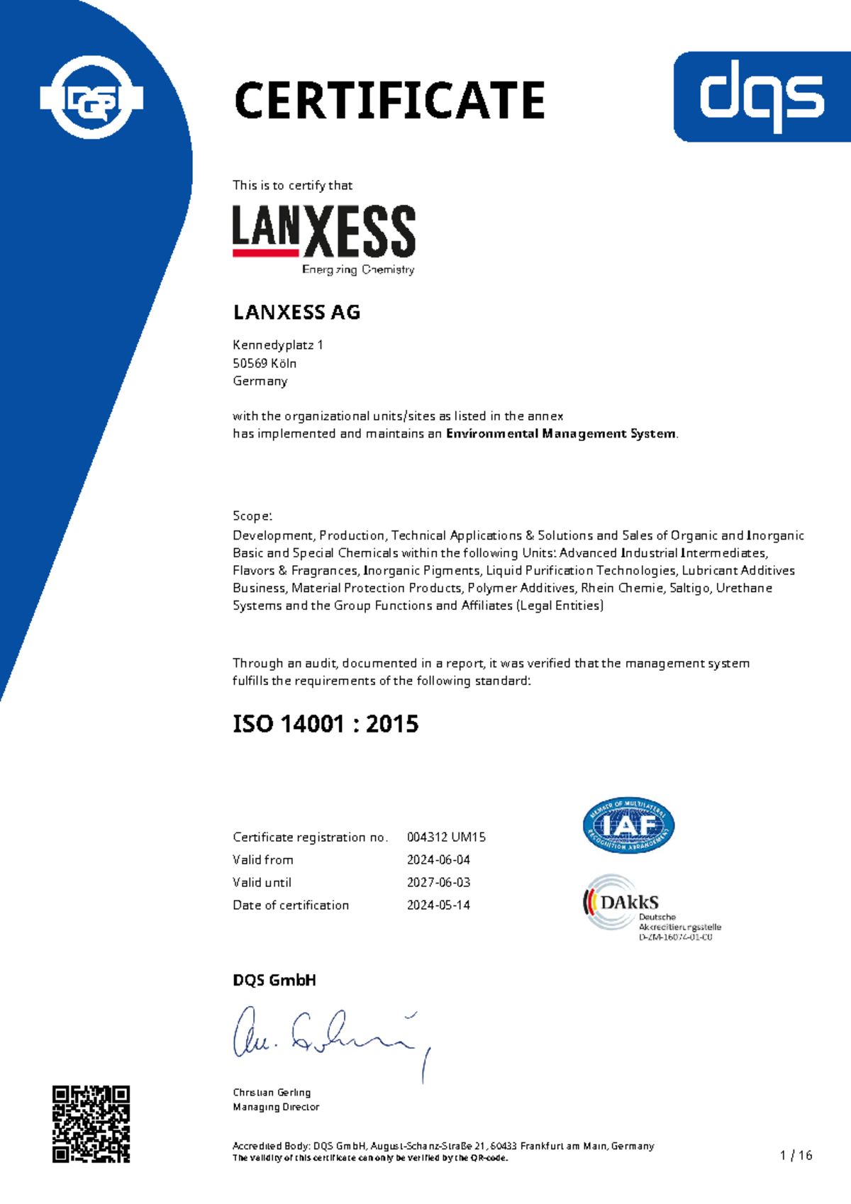 ISO 14001:2015 Certification for LANXESS AG - Validity 2024 - Studocu