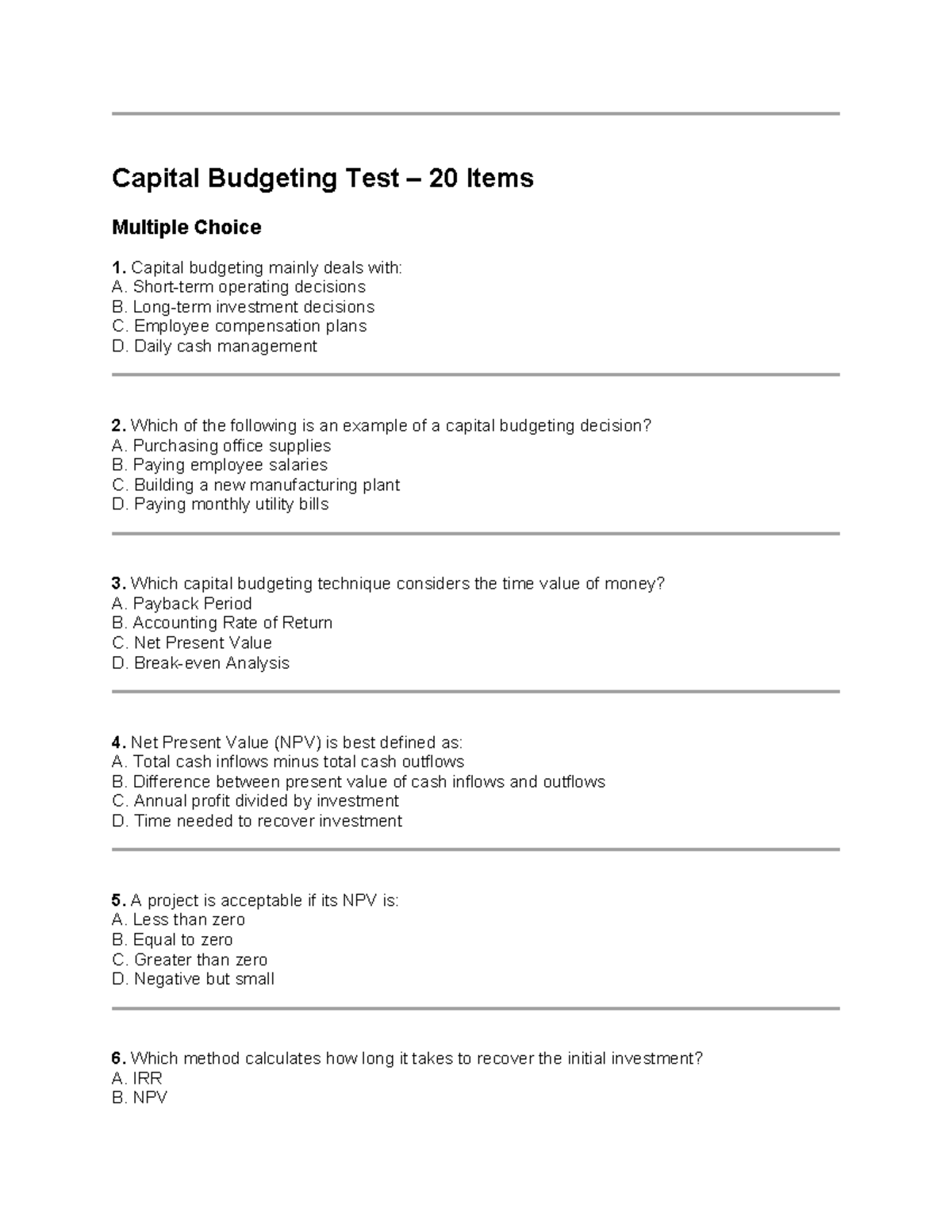 Capital Budgeting Test (20 Items) - Multiple Choice Questions - Studocu