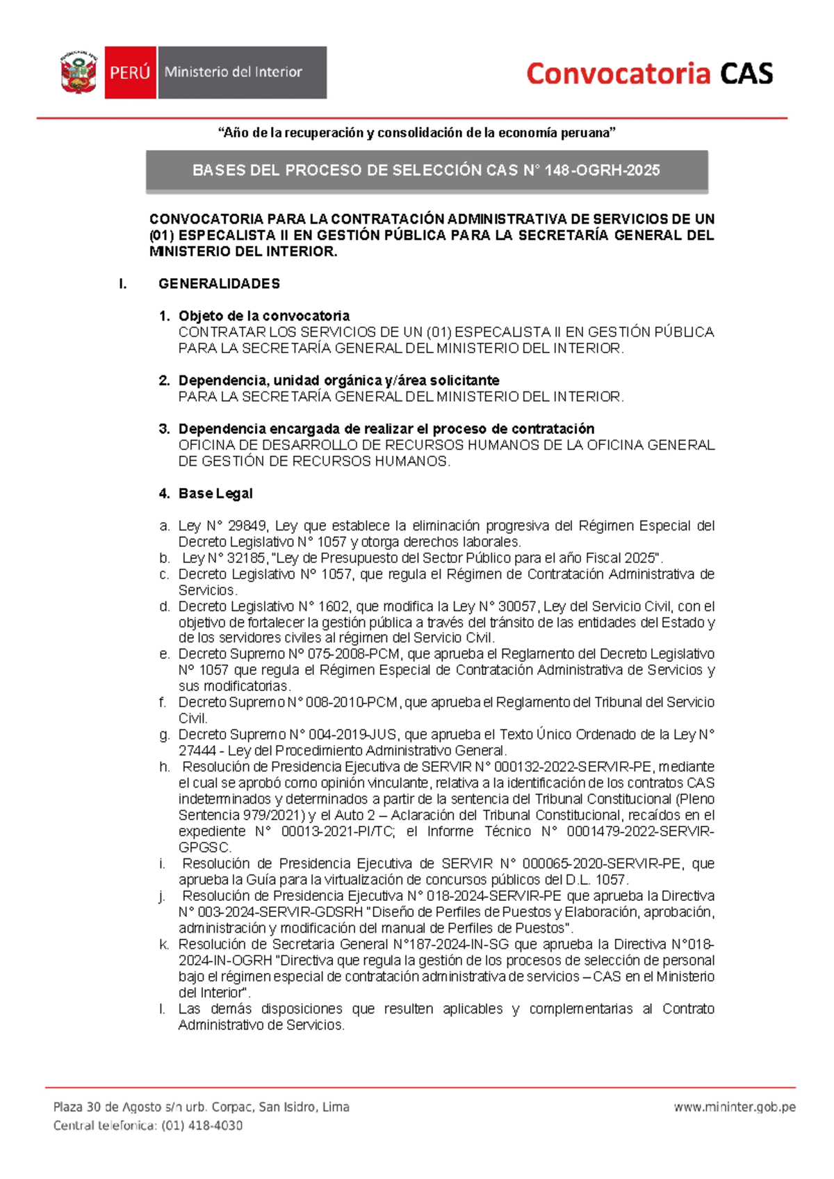 Bases del Proceso de Selección CAS 148-OGRH-2025: Especialista II en ...