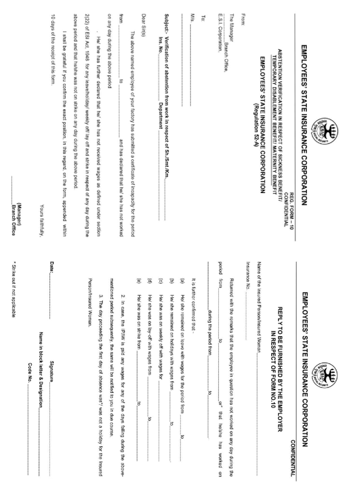 ESIC FORM 10: Confidential Verification of Absenteeism for Benefits ...