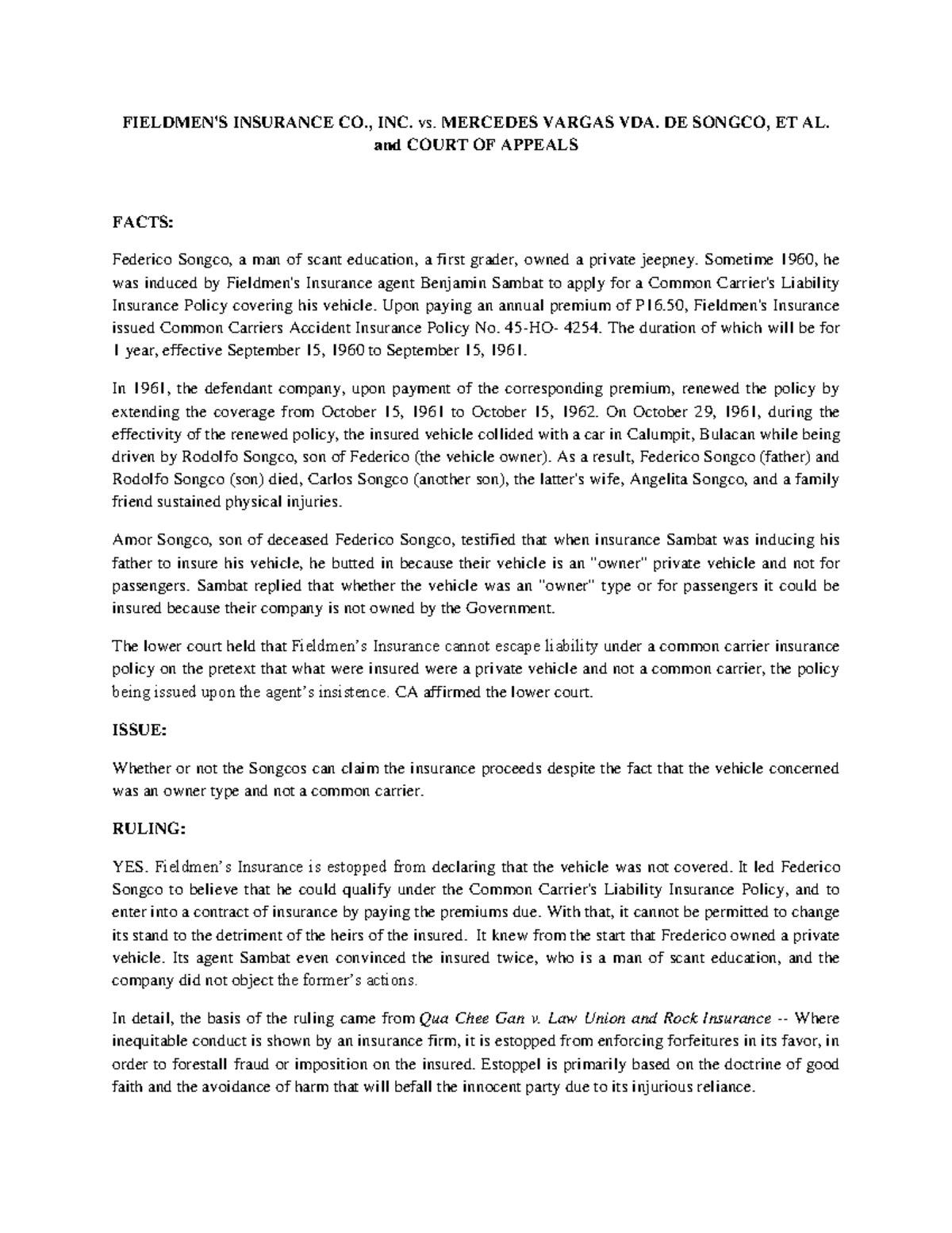 Case Study: Fieldmen's Insurance Co., Inc. vs. Mercedes Vargas VDA. de ...
