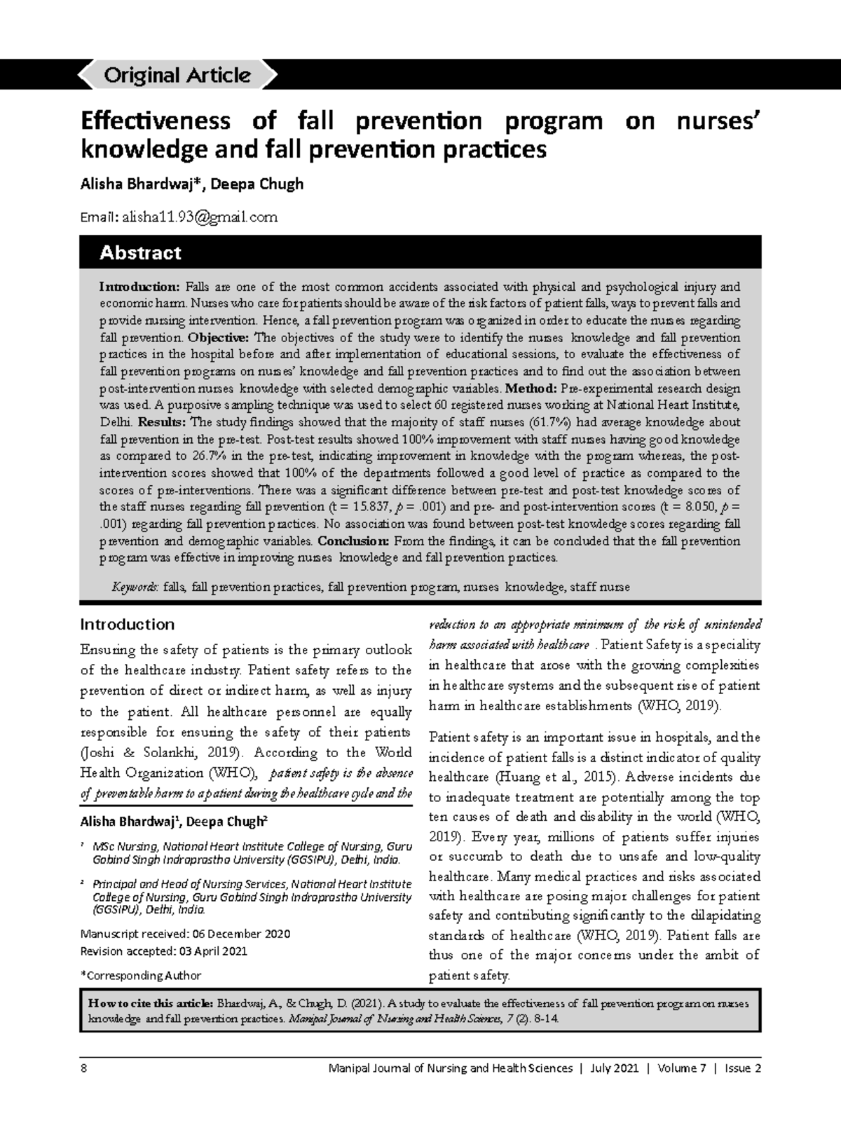 Effectiveness of Fall Prevention Program for Nurses: A Study on ...