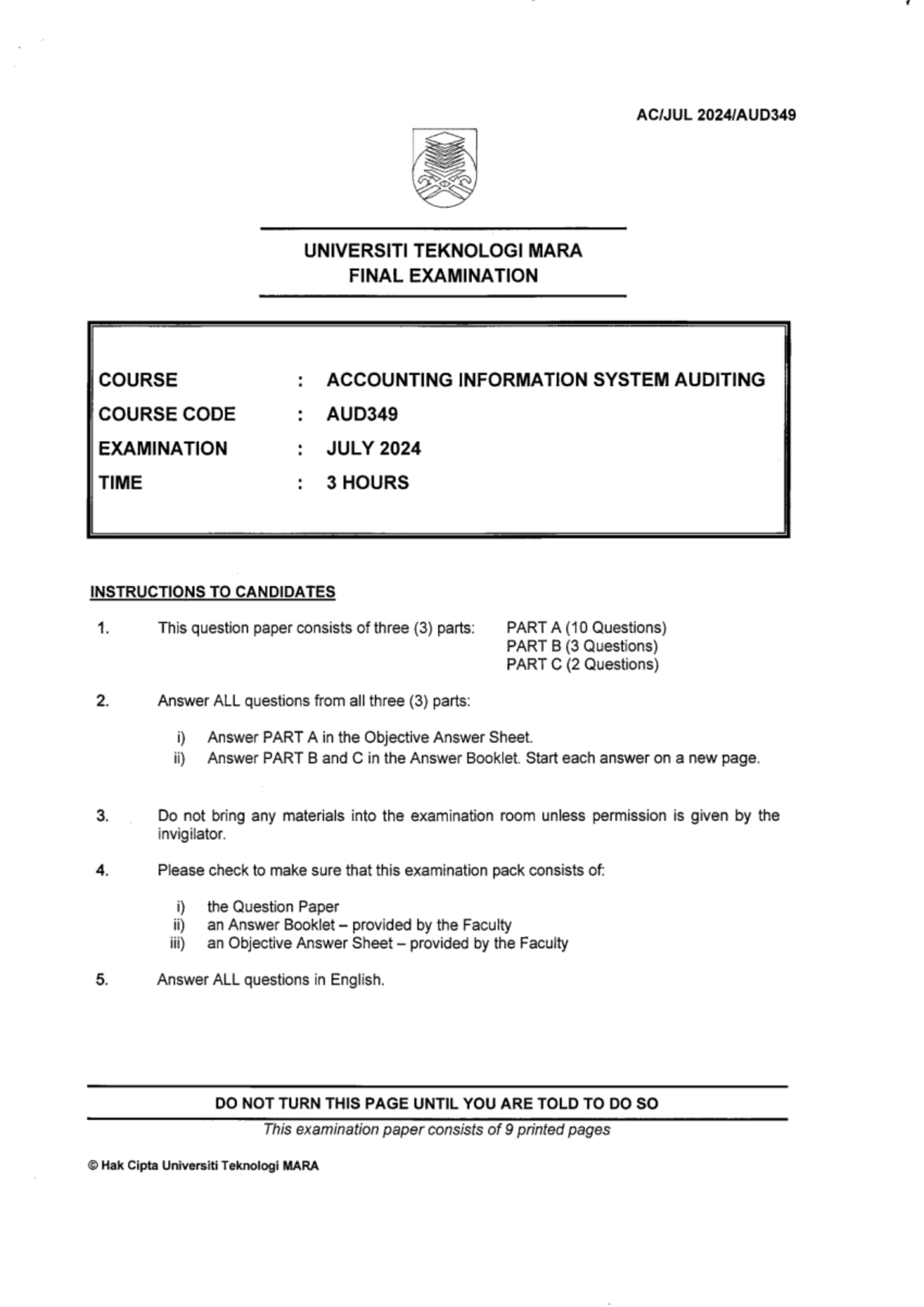 Final Exam AUD349: Accounting Information System Auditing July 2024 ...