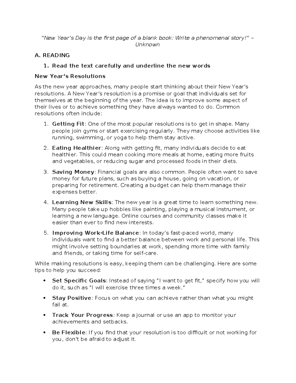 New Year´s resolutions Third Year of High School - "New Year’s Day is ...