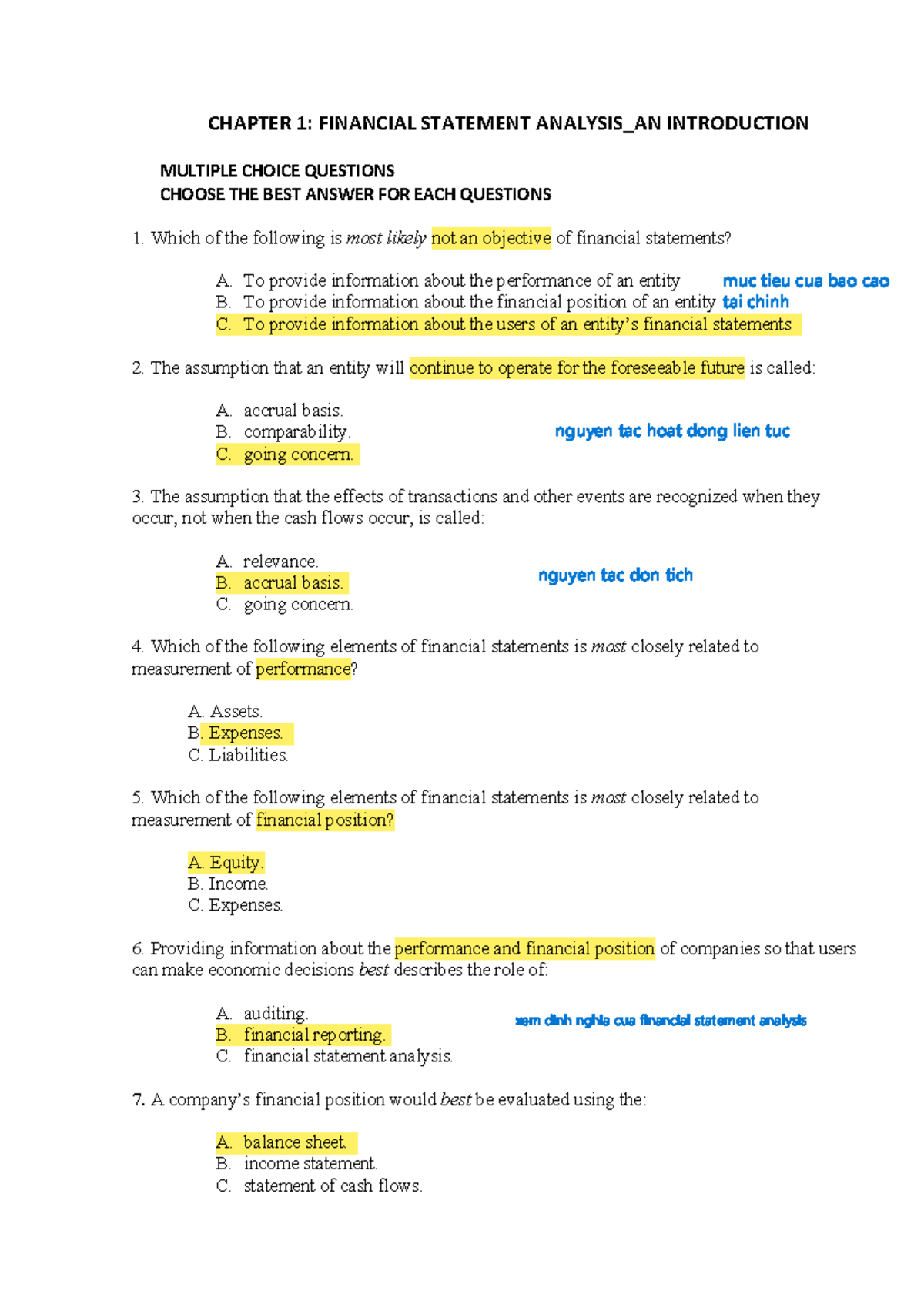CHAPTER 1: FINANCIAL STATEMENT ANALYSIS MCQs & EXERCISES - Studocu