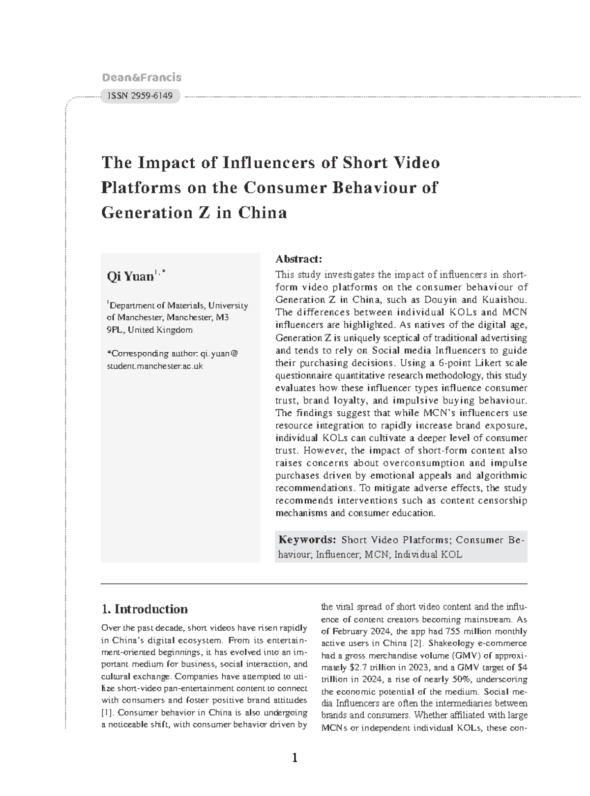 HC005662 - The Influence of Short Video Platforms on Gen Z Consumer ...