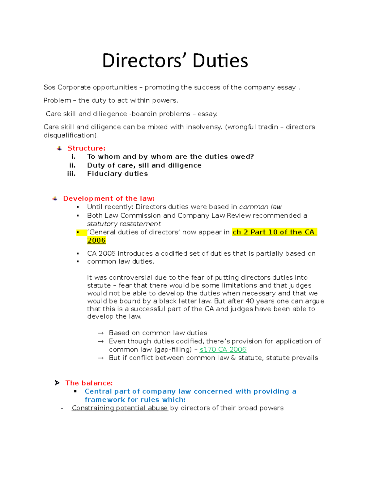 Directors' Duties Essay Notes (SOS) - Final Exam Preparation - Studocu