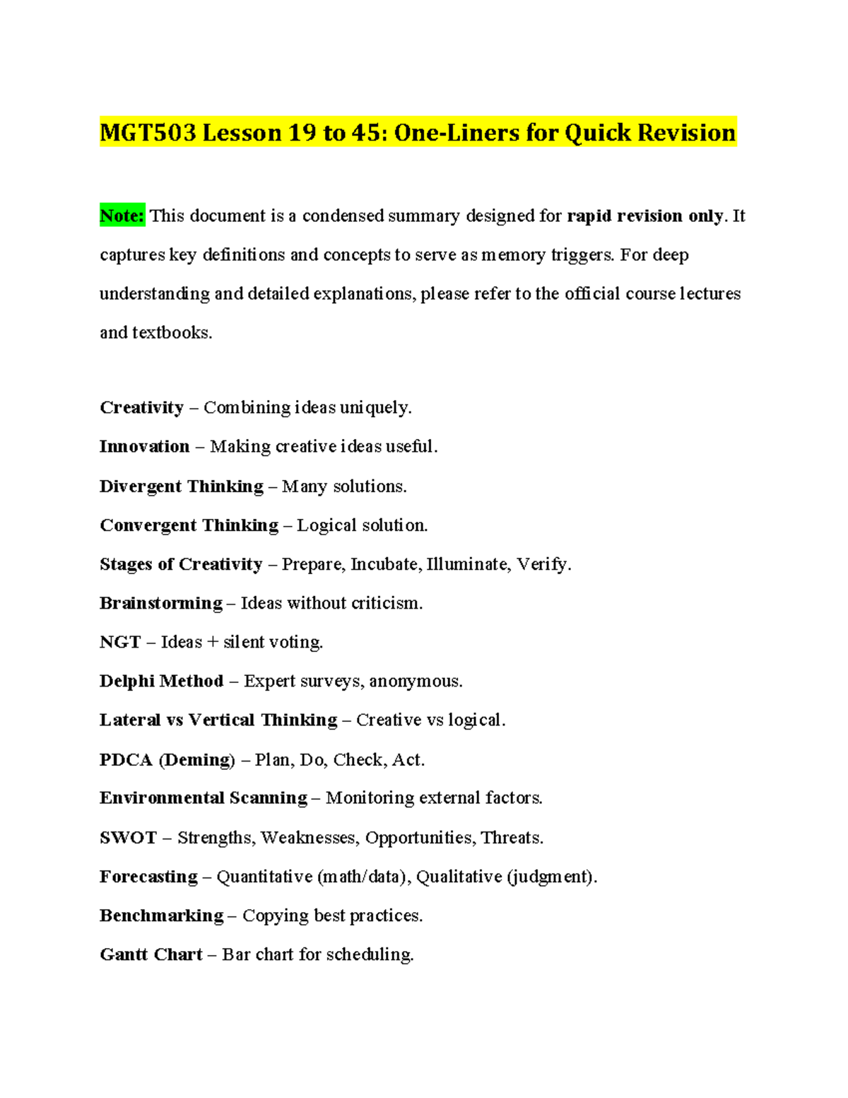 MGT503 Final Exam Quick Revision: Key Concepts & Definitions - Studocu