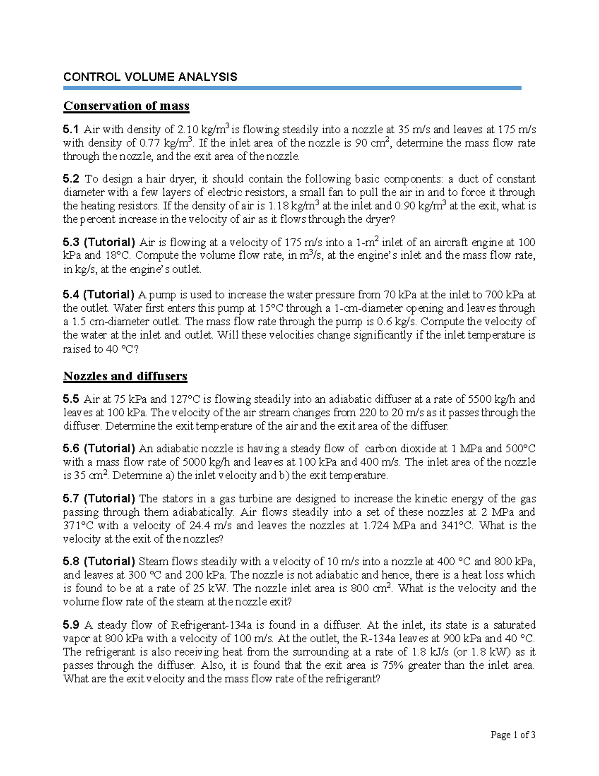 Sheet 5 - 123 - CONTROL VOLUME ANALYSIS Conservation of mass 5 Air with ...