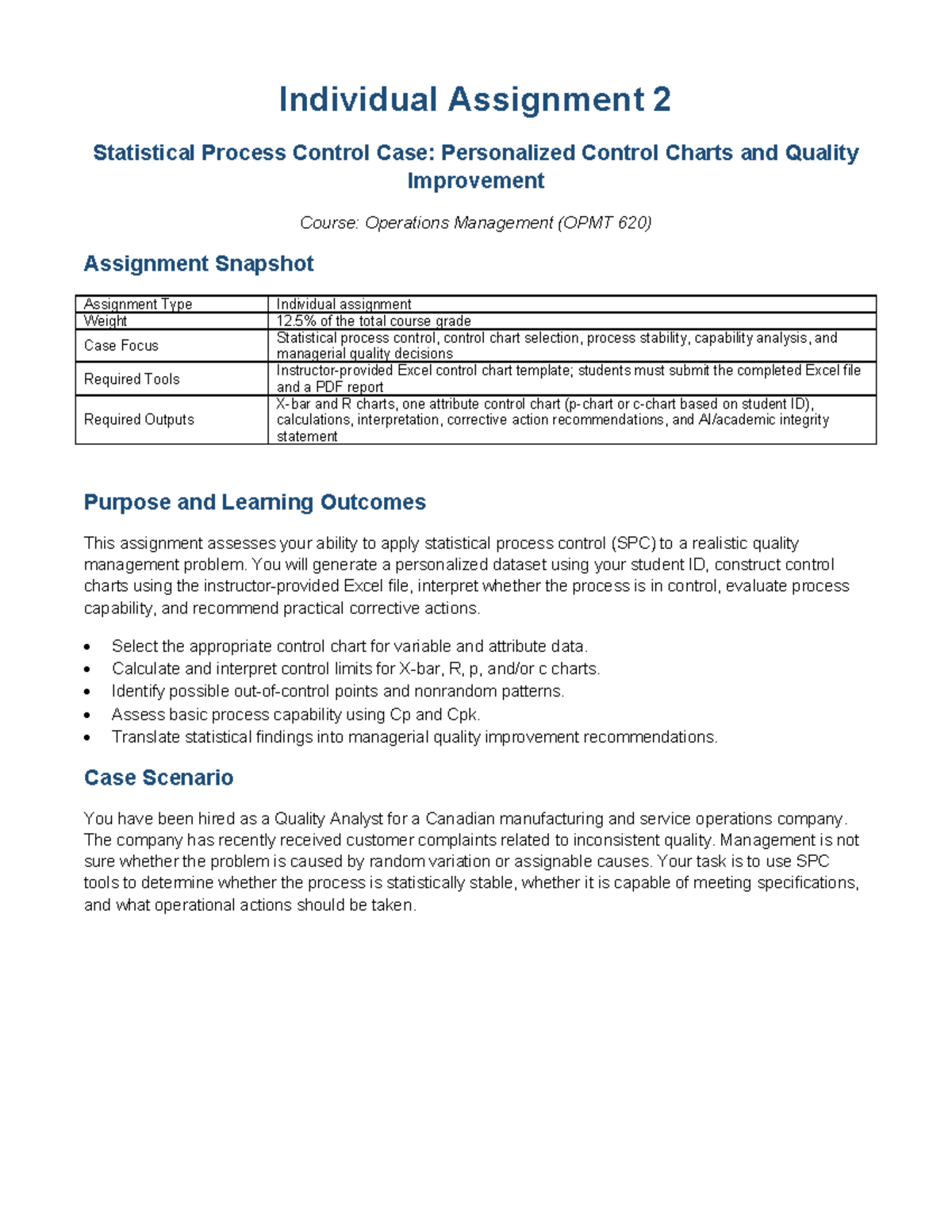 Case Study 2: SPC Control Charts & Quality Improvement (OPMT 620) - Studocu