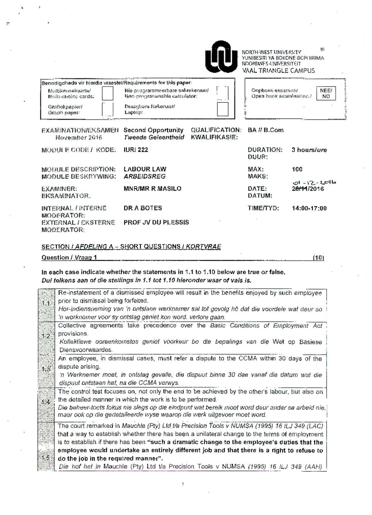 IURI222 Labour Law Exam 2 Questions - November 2016 Second Opportunity ...