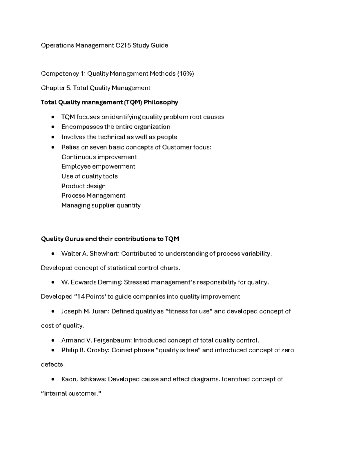 Operations Management C215 Study Guide - Operations Management C215 ...