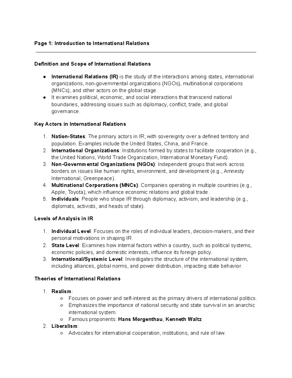 Lecture Notes on International Relations (IR) - Page 1: Introduction to ...