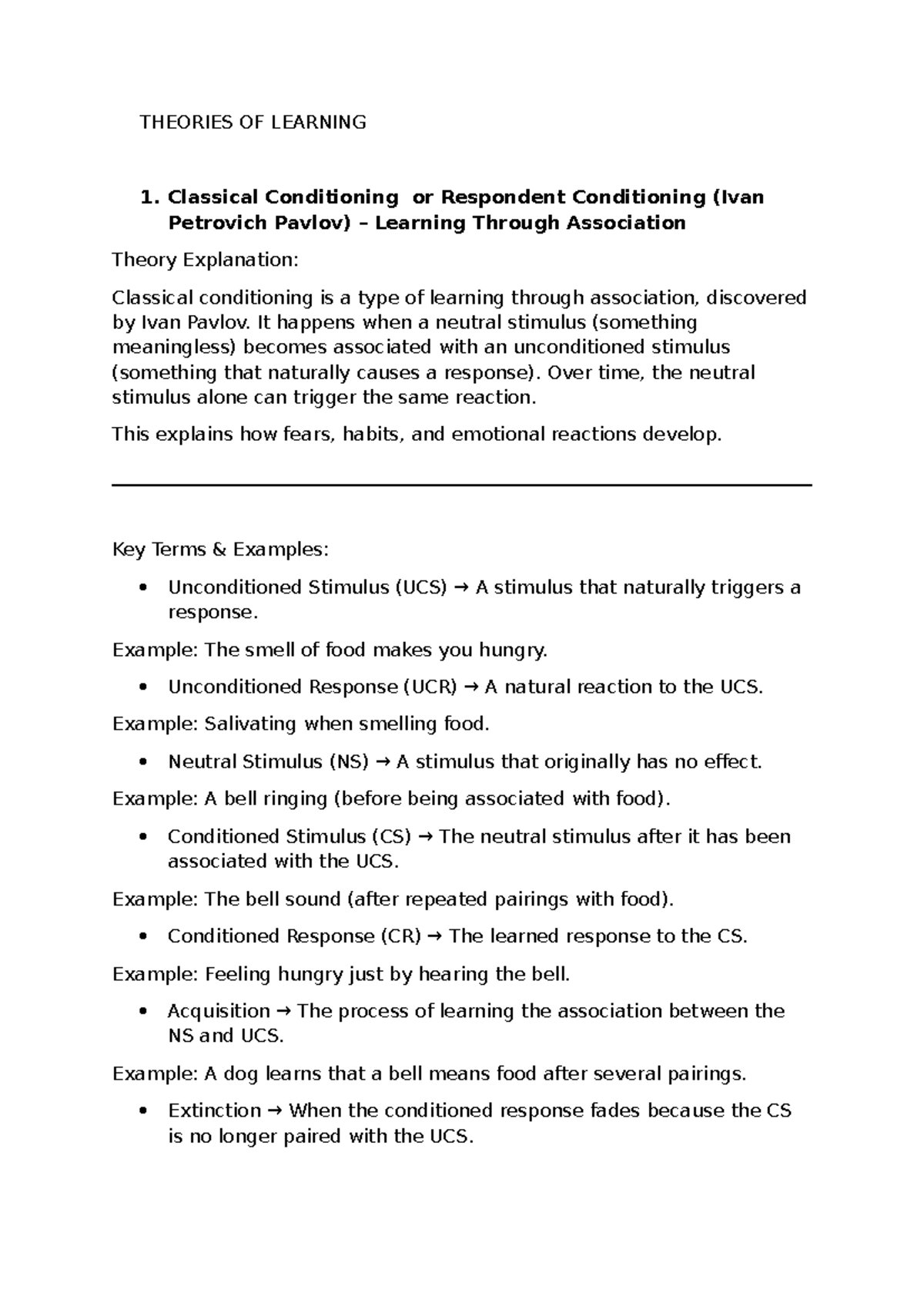 Psych Learning: 4 Theories of Conditioning and Memory - Studocu