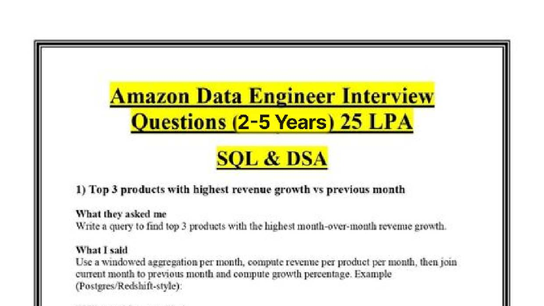Amazon SQL & DSA Interview Questions (1762108970) - Studocu