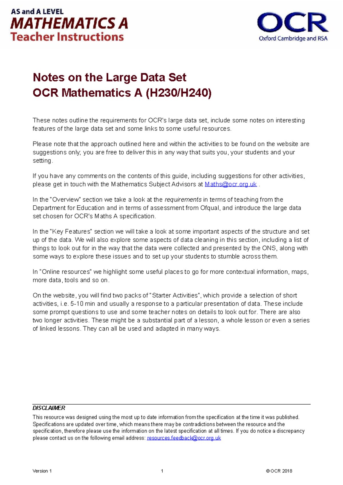 OCR Mathematics A: Notes on the Large Data Set Analysis - Studocu