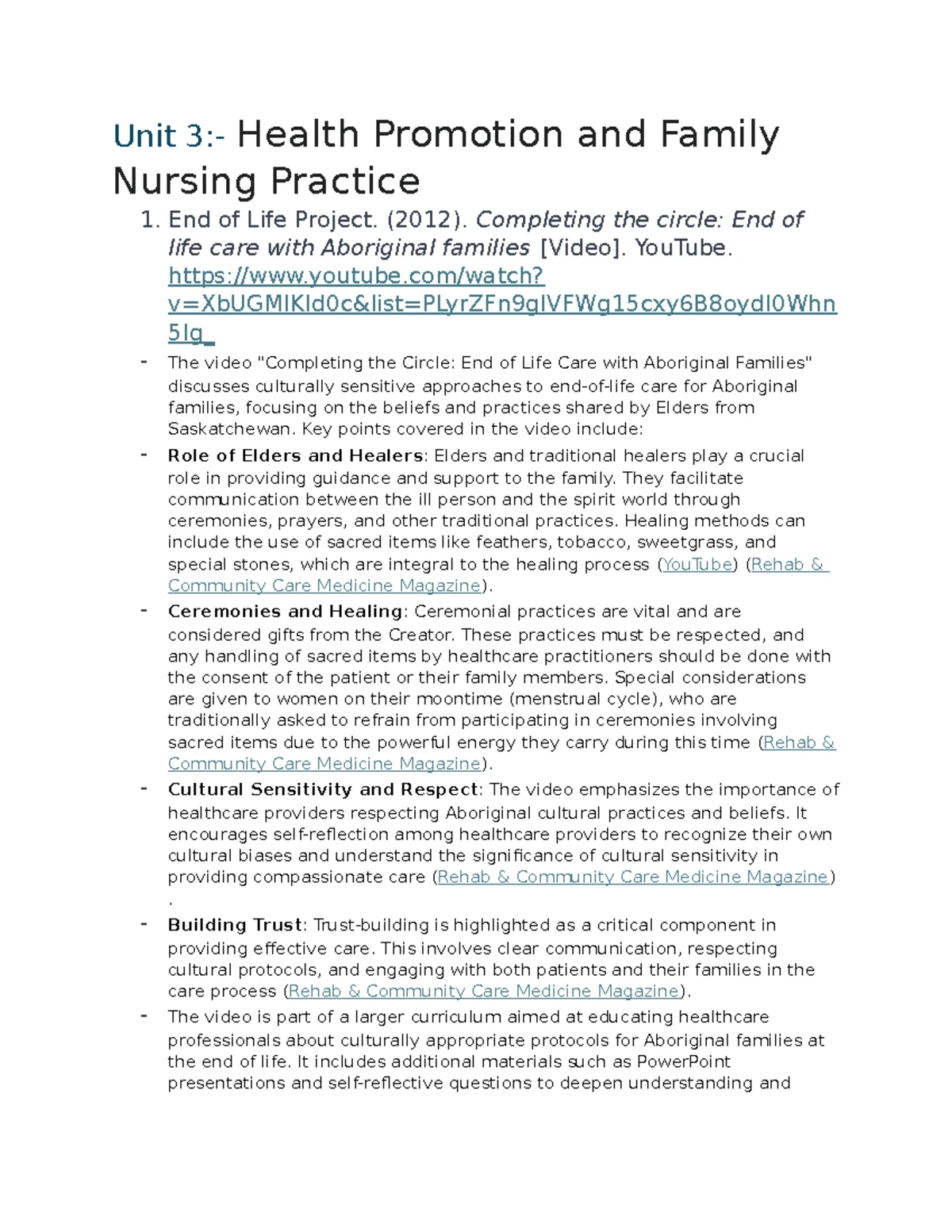 Unit 3: Health Promotion & Family Nursing Learning Activities - Studocu