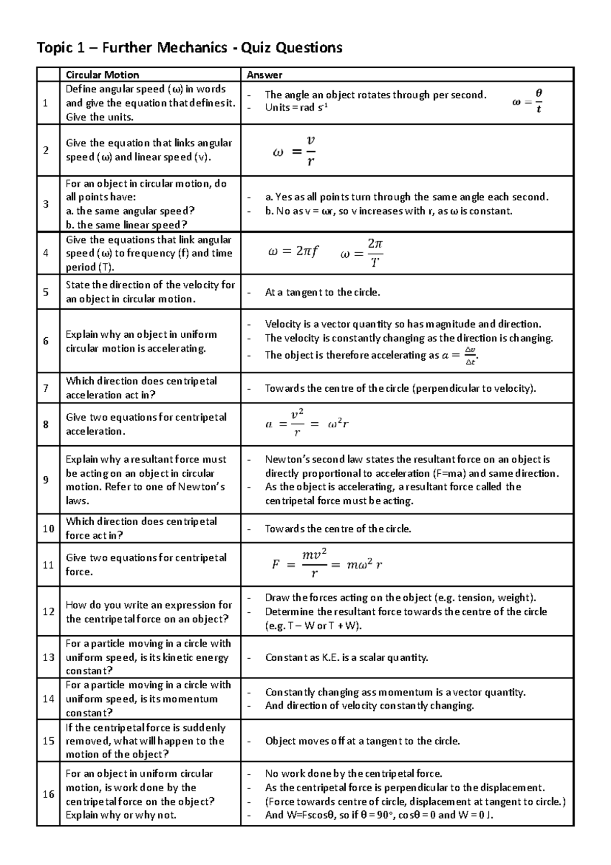 Further Mechanics Quiz Questions: Circular Motion & SHM Concepts - Studocu
